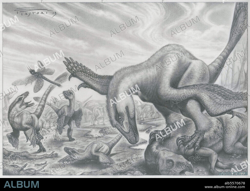 Balaur bondoc atop it's recent kill, a Telmatosaurus. Baby Zalmoxes can be seen in the far background.