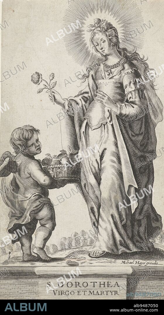 Saint Dorothy standing with a rose in her hand. Next to her is an angel with a basket of roses and apples, Saint Dorothea., print maker: Theodor van Merlen (II), (possibly), publisher: Michel Haye, (mentioned on object), Antwerp, 1619 - 1672, paper, engraving, h 239 mm × w 134 mm.