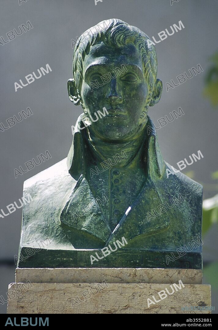 Simón de Rojas Clemente y Rubio (Titaguas, provincia de Valencia, 1777-Madrid, 1827). Botánico, naturalista y orientalista español. Busto de Simón de Rojas erigido en su localidad natal en 1927, con motivo del primer centenario de su fallecimiento. Titaguas. provincia de Valencia, Comunidad Valenciana, España.