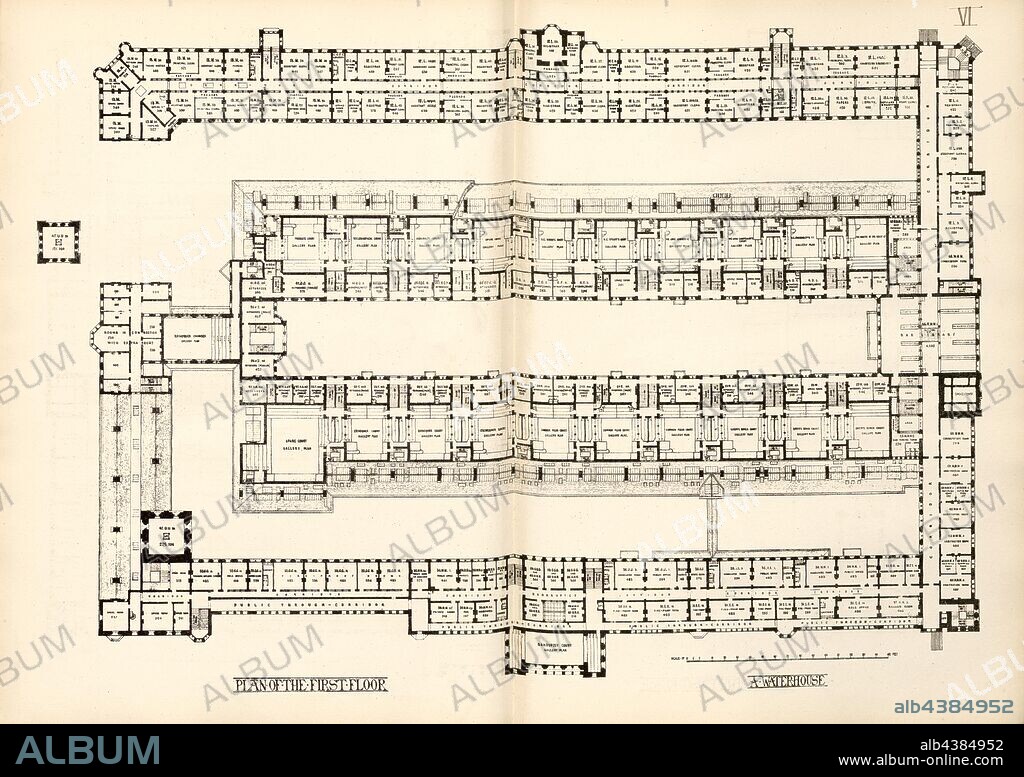 Plan of the First Floor, Plan of the 1st floor of the Royal Courts of Justice in London after Alfred Waterhouse, Taf. VI, after p. 24, Alfred Waterhouse: General description of design: courts of justice competition. London: printed by George E. Eyre and William Spottiswoode: Her Majesty's Stationery Office, 1867.