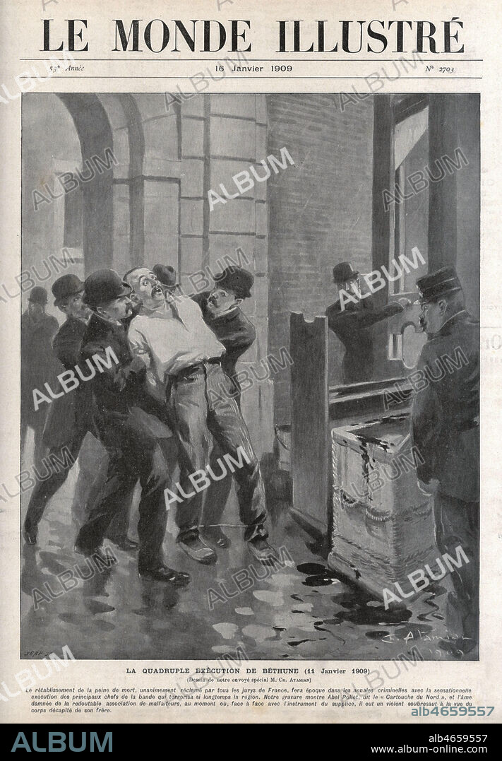 La quadruple execution de Bethune le 11 janvier 1909 (bande d'Avel Pollet). Illustration de Charles ATAMIAN (1872-1947) pour Le Monde illustre du 16 janvier 1909. Credit : Collection Kharbine-Tapabor.