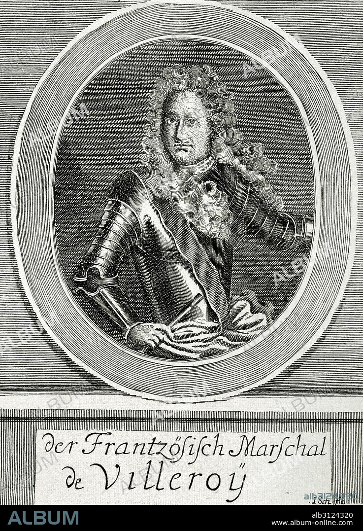FRANÇOIS DE NEUFVILLE DE VILLEROY, II duque de Villeroy (1644-1730). Mariscal y aristócrata francés asl servicio de Luis XIV durante la Guerra de Succisión Española. Comandante en jefe del ejercito franceŽs en el frente italiano. Retrato. Grabado de Historia Univeral, año 1885.