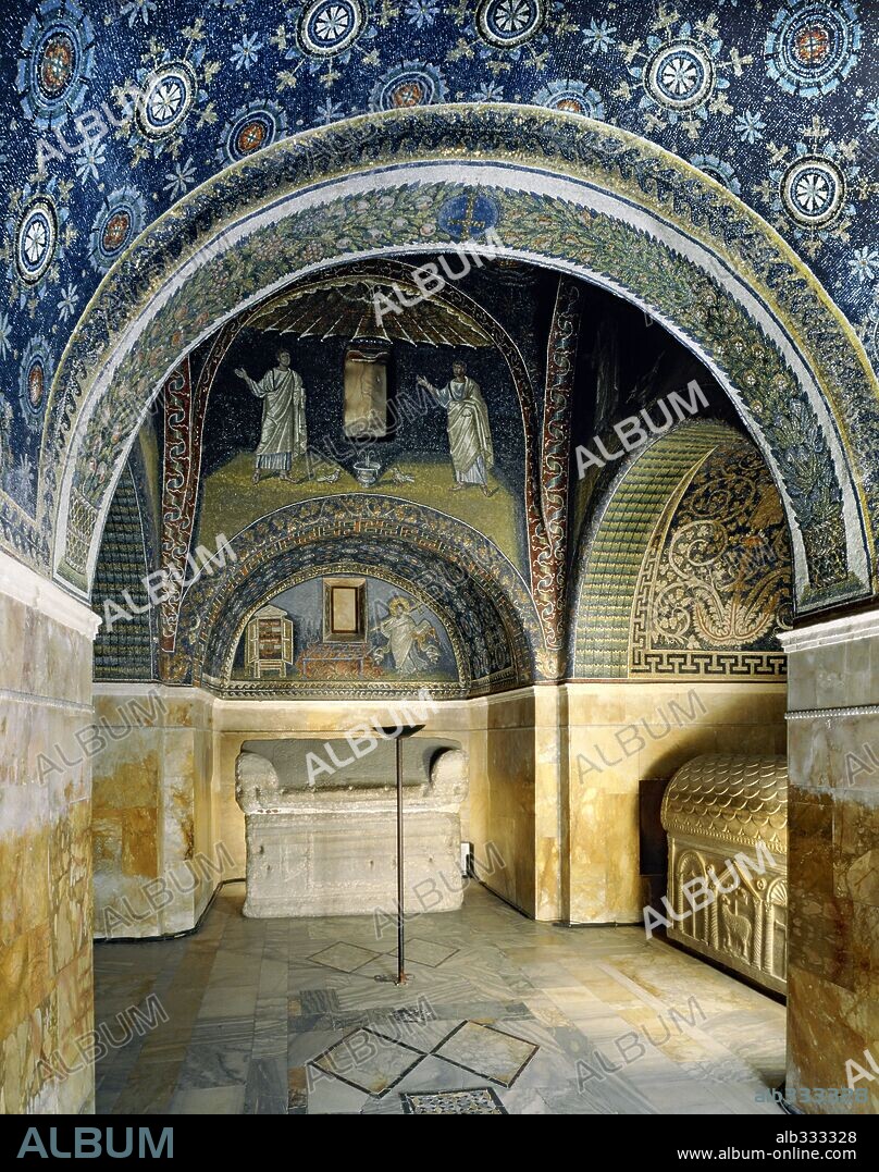 Interior with general view of mosaics and tomb in Mausoleum Galla Placidia, Vth century AD Ravenna.