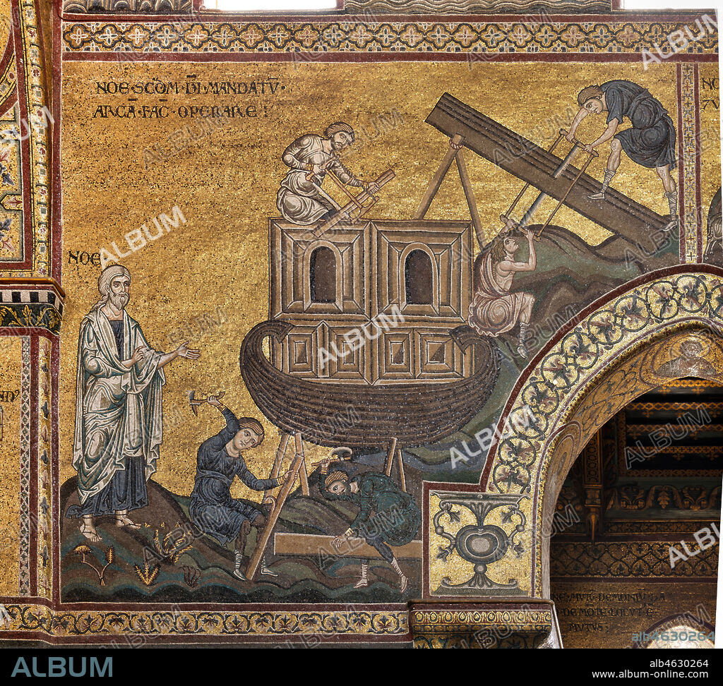Monreale, Duomo: "Noah builds the Ark according to the mandate of God. Old Testament cycle - The Great Flood, Byzantine mosaic, XII - XIII century.. Latin inscription: "NOE SECUNDUM DEI MANDATUM ARCAM FACIT OPERARE". ".