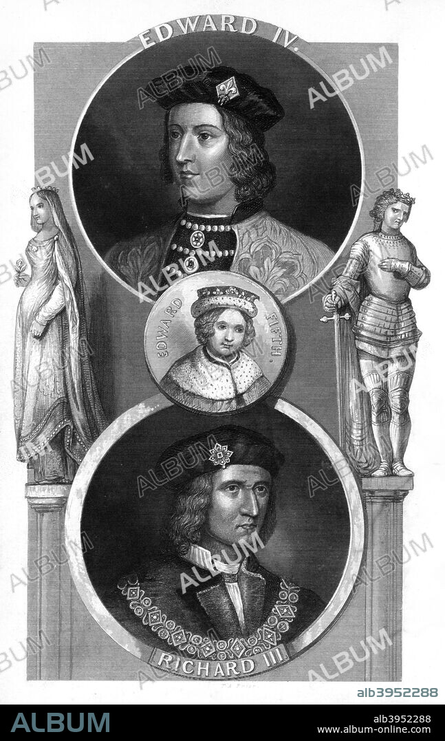 Edward IV, Edward V and Richard III of England, (19th century). Triple portrait of three English kings: Edward IV (1442-1483), his son Edward V (1470-1483), and Richard III (1452-1485), Edward IV's brother, and uncle of Edward V. On Edward IV's death, his son came to the throne but was imprisoned and probably murdered on the orders of Richard, whose reign lasted only two years.