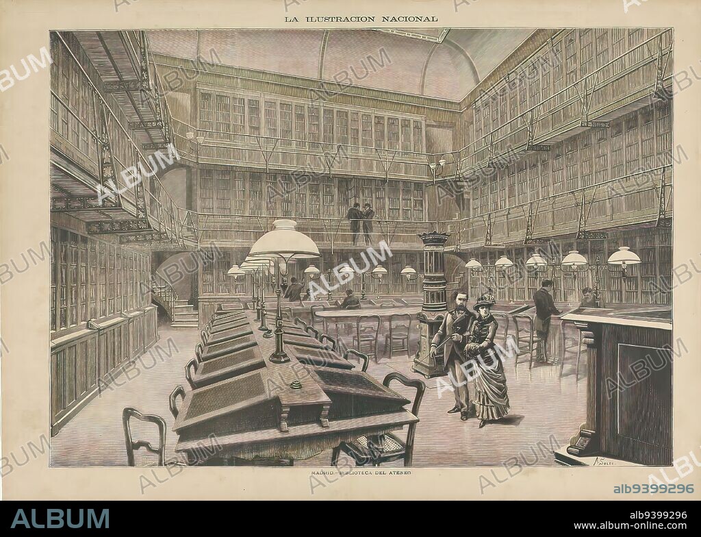 Interior of the library of the Ateneo de Madrid, Madrid - biblioteca del ateneo (title on object), The books are distributed on three levels, the upper levels are accessed by a balustrade. In the library room there are desks. In the center a stove with a man and a woman in front of it. Text on verso., print maker: A. Soler, (mentioned on object), c. 1850 - c. 1900, paper, height 357 mm × width 492 mm.