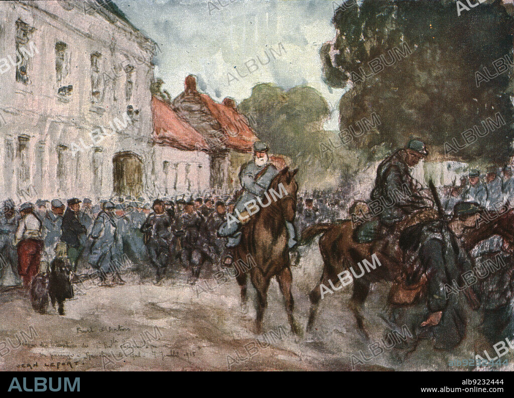 'Sur le front d'artois - Feuilles d'Album de Jean Lefort; Retour des tranchees d'un bataillon de chasseurs. (Gauchin-le Gal, 7 juillet 1915.)', 1915. From "Collection de la Guerre IV. L'Illustration Tome CXLVIII. La Guerre Juillet, Aout, Septembre, Octobre, Novembre, Decembre 1916".
