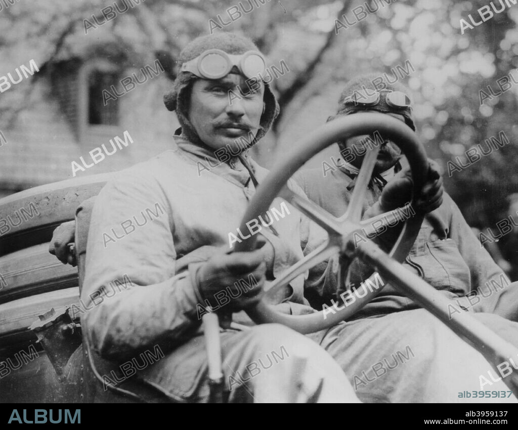 Ferenc Szisz, c1905-c1910(?). Hungarian racing driver Ferenc Szisz pictured at the wheel of his car. Szisz won the 1906 French Grand Prix at Le Mans driving a Renault.