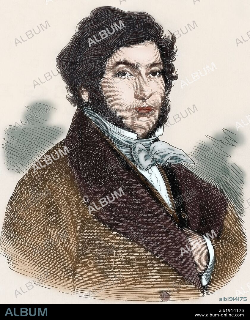 CHAMPOLLION, Jean-François (Figeac, 1790-París, 1832). Egiptólogo francés. Tras descifrar la piedra Rosetta (196 a. C.) fue el primero en determinar la existencia de los tres sistemas de escritura, jeroglífico, hierático y demótico, utilizados por los antiguos egipcios. Grabado coloreado de "El Universo Ilustrado". (Año 1881) .