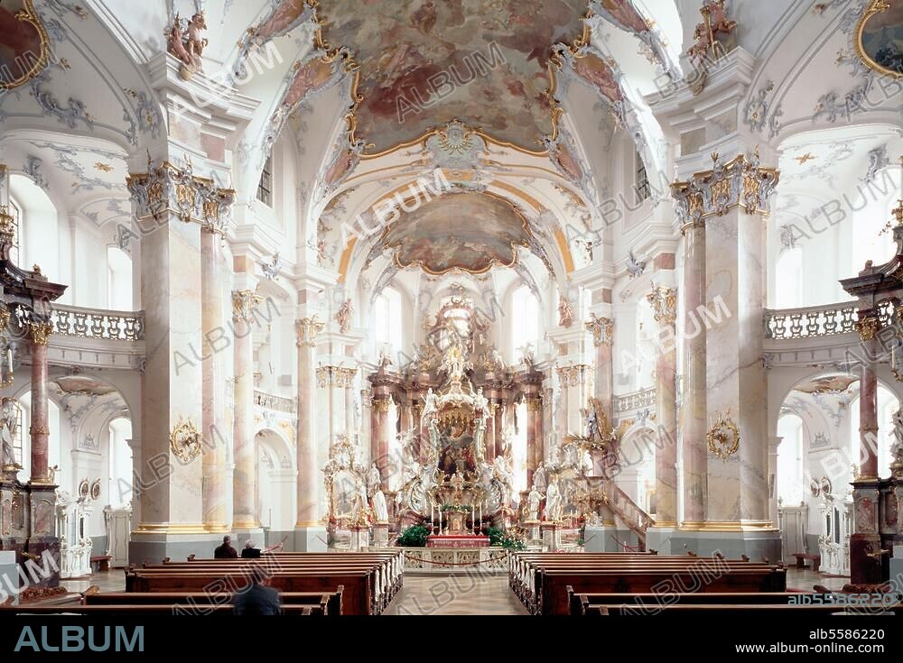 Basilica of the Vierzehnheiligen. (Basilica of the Fourteen Holy Helpers). Church of pilgrimage.- Built 1743-72. Architect: Balthasar Neumann.- Stucco: J.M. u. F.X.Feuchtmayr u. J. G.Üblherr; Frescoes by Joseph Appiani).- - Intrior view of the altar of the fourteen holy helpers and high altar.- Bad Staffelstein, Germany.- Photo.-.