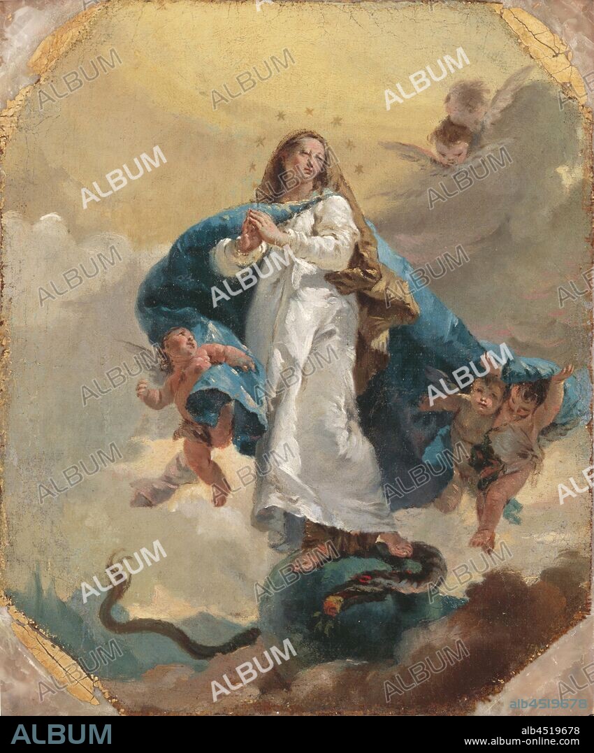 possibly workshop of Giovanni Battista Tiepolo, Italian, 1696-1770, The Immaculate Conception, 1733/1736, oil on canvas, Unframed: 13 5/16 × 11 1/8 × 1/16 inches (33.8 × 28.3 × 0.1 cm).