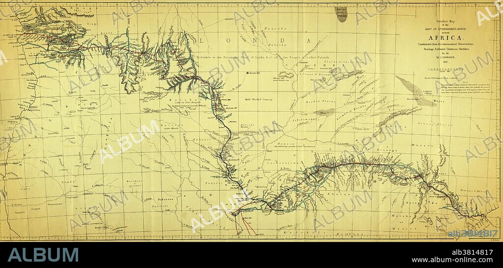 Map showing the route of David Livingstone across central Africa via the Zambesi River to the east coast, 1857. David Livingstone (1813-1873) was a Scottish explorer and medical missionary in Africa. He organized expeditions into the interior of Africa from Botswana, discovered and named Victoria Falls, and located the mouth of the Zambesi River. He mapped much of interior Africa, wrote accounts of the inhabitants, and campaigned against slavery. Along with Henry Morton Stanley, he became a celebrity in the eyes of a Victorian public captivated by their explorations. This image has been color enhanced.