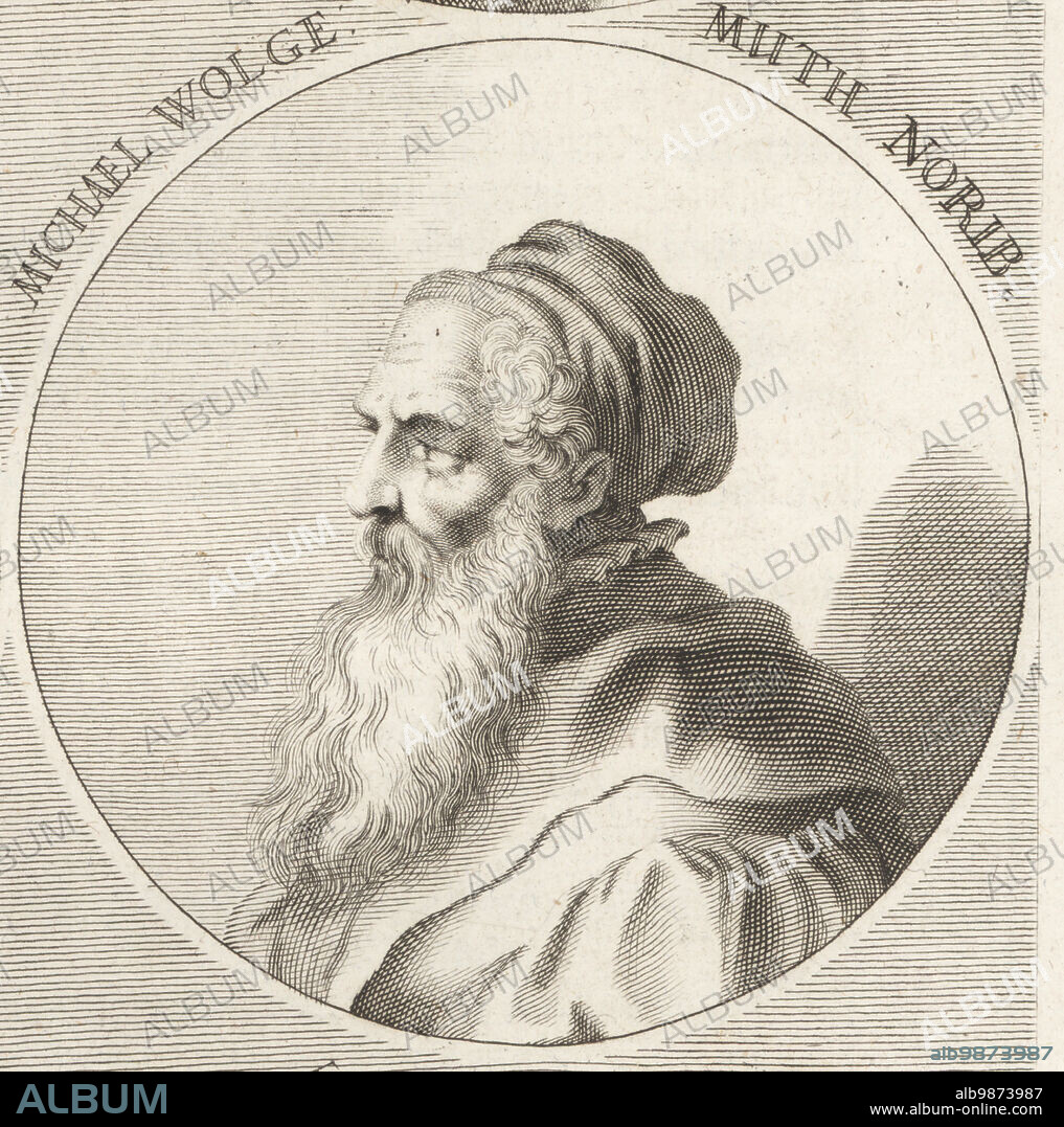 Michael Wolgemut, or Michael Wohlgemuth, German painter and printmaker, 1434-1519. Ran a workshop in Nuremberg, tutor of Albrecht Durer. Michael Wolgemuth Norib. Copperplate engraving by Philipp Kilian after an illustration by Joachim von Sandrart from his LAcademia Todesca, della Architectura, Scultura & Pittura, oder Teutsche Academie, der Edlen Bau- Bild- und Mahlerey-Kunste, German Academy of Architecture, Sculpture and Painting, Jacob von Sandrart, Nuremberg, 1675.