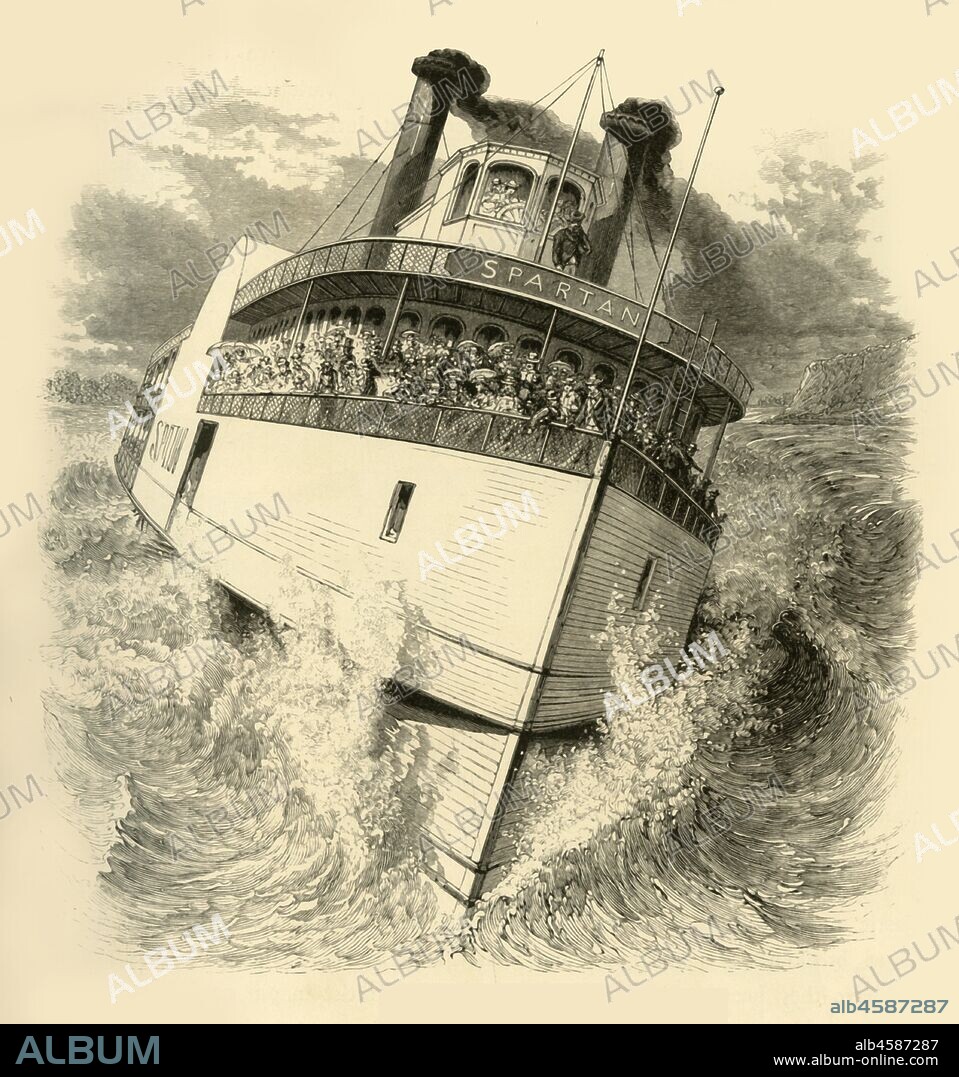 JAMES DAVID SMILLIE. 'Entering the Rapids', 1874. Tourists on board the steamer 'Spartan' as it navigates white water on the the Saint Lawrence River, Ontario, Canada. '...the water leaps tempestuously around her, and she pauses an instant like a thing of life, bracing herself for a crisis, before she plunges into the boiling current and rides defiantly down it. It is a grand, thrilling moment...The rapids are nine miles long, and are divided in the centre by a picturesque island, the southern course usually being chosen by the steamers. The Spartan ran the distance in half an hour, without steam, and then emerged into the waters of Lake St. Francis...'. From "Picturesque America; or, The Land We Live In, A Delineation by Pen and Pencil of the Mountains, Rivers, Lakes...with Illustrations on Steel and Wood by Eminent American Artists" Vol. II, edited by William Cullen Bryant. [D. Appleton and Company, New York, 1874].