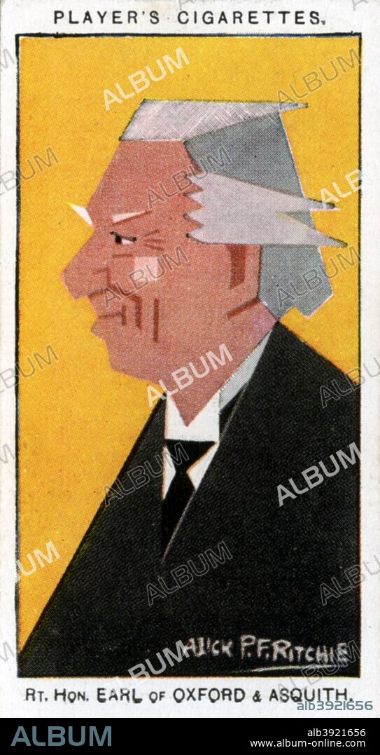 Herbert Henry Asquith, 1st Earl of Oxford and Asquith, British Prime Minister, 1926. Portrait of Liberal politician Lord Asquith (1852-1928). Cigarette card with straight-line caricature, issued by John Player & Sons.