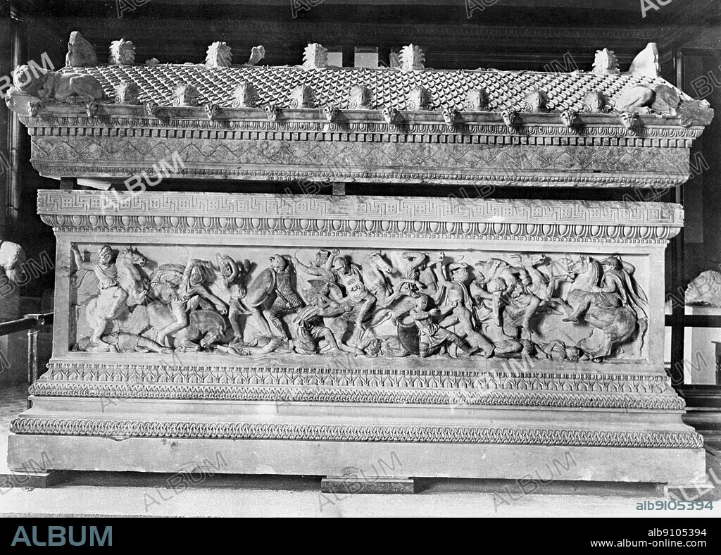 Sarcophagus of Abdalonymos : Hellenistic Battle Scene 320 BC . Mounted Greek commander attacking two mounted Persians - right end . Marble.