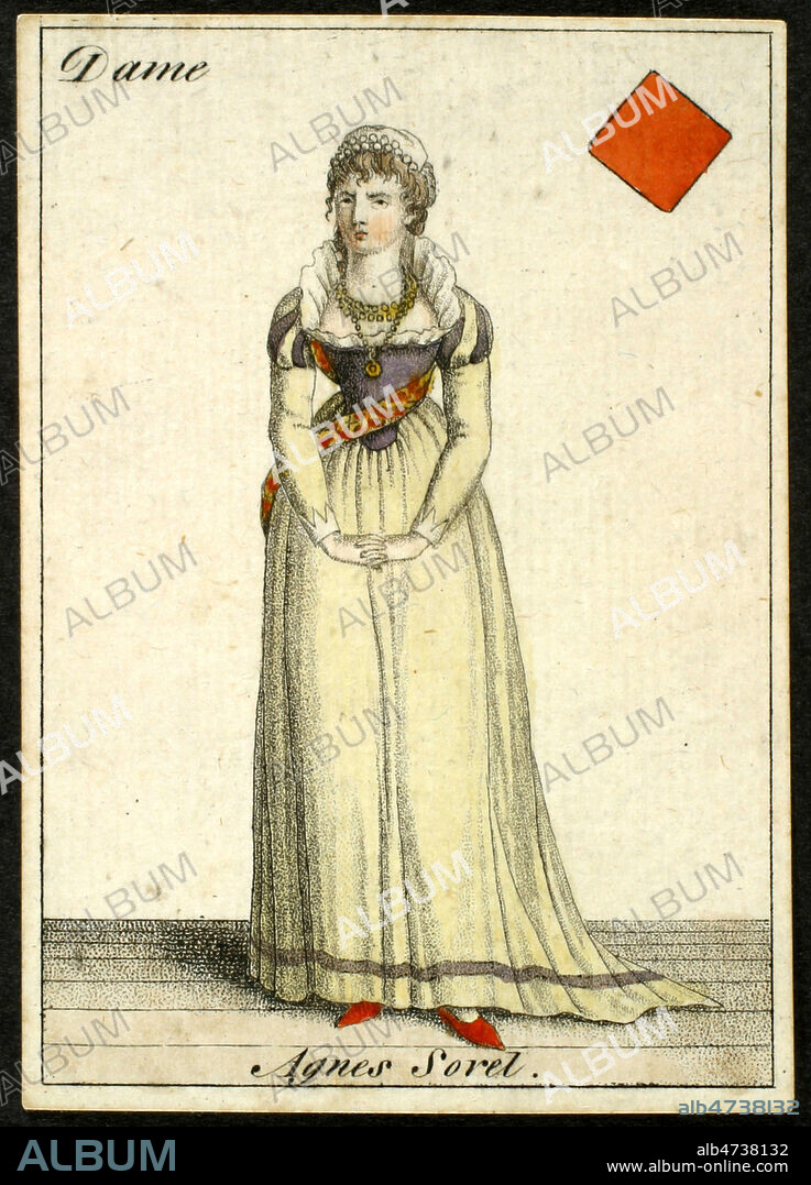 Agnes Sorel favorite de Charles VII - Jeu de cartes a transformation de Cotta, realise a Turinge dans le Wurtemberg (Allemagne), en 1805, dessine par la comtesse von Jennison-Walworth, figures aquarellee, inspiree de Jeanne d'Orleans de Schiller, 58x88 mm. Epoque Romantique debut 19eme siecle. Credit MIGNY/KHARBINE TAPABOR.