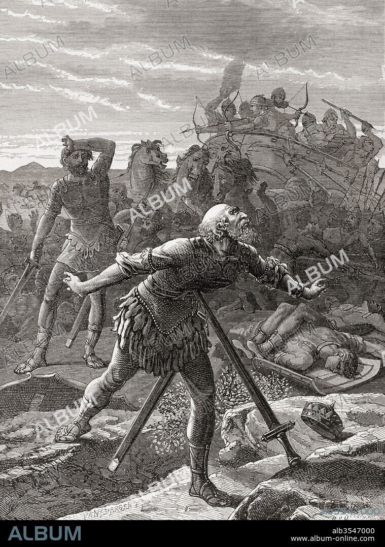 The death of Saul, who fell on his sword to avoid capture at the battle against the Philistines at Mount Gilboa, from The Book of Samuel, Old Testament. From The Children's Bible, published c. 1883.