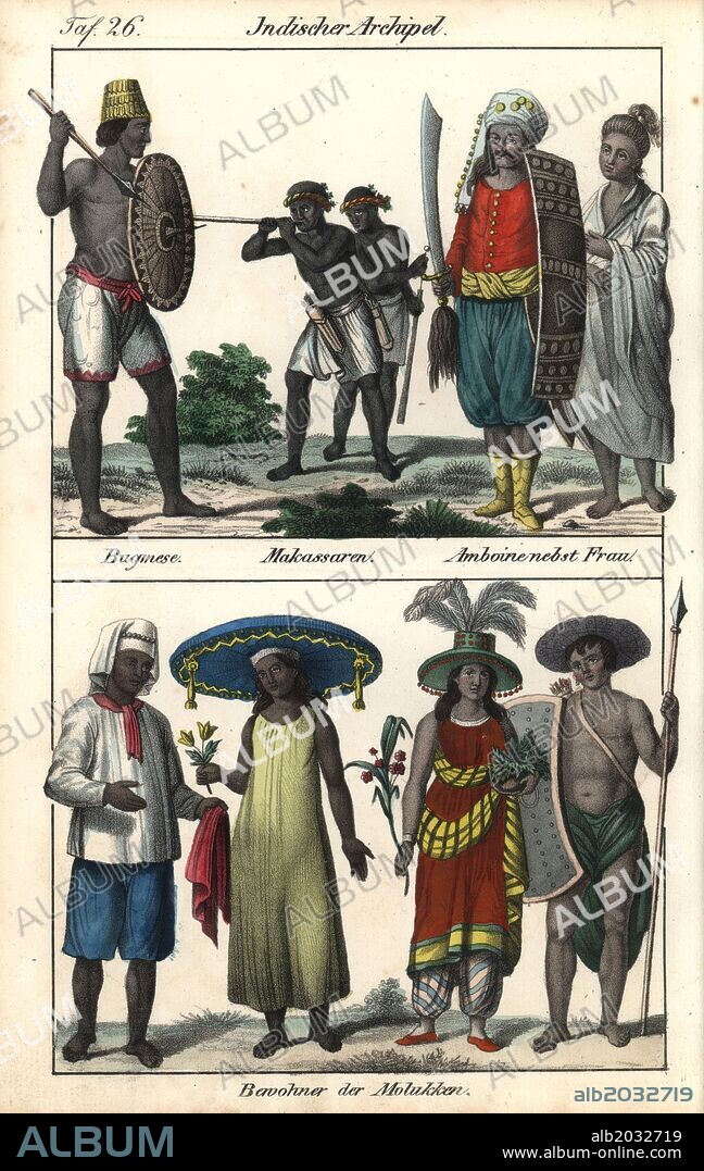 Costumes of the islands of Indonesia: Bugis native of Sulawesi with shield and spear, Makassar islanders with blowpipes, Ambon man and wife and natives with wide-brimmed hats of the Moluccas (Maluku). Handcoloured lithograph from Friedrich Wilhelm Goedsche's "Vollstaendige Völkergallerie in getreuen Abbildungen" (Complete Gallery of Peoples in True Pictures), Meissen, circa 1835-1840. Goedsche (1785-1863) was a German writer, bookseller and publisher in Meissen. Many of the illustrations were adapted from Bertuch's "Bilderbuch fur Kinder" and others.