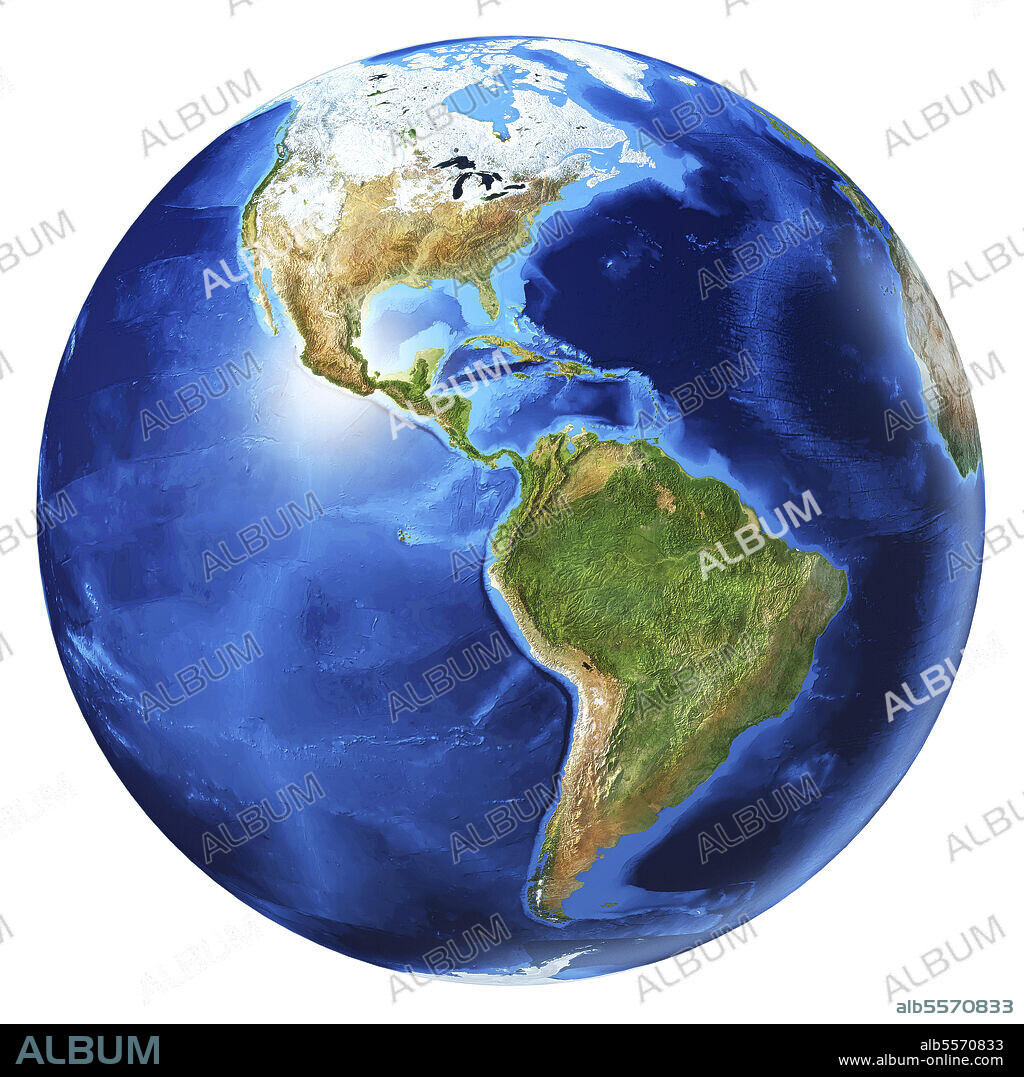 3D illustration of planet Earth globe on white background, centered on North America and South America, without clouds.