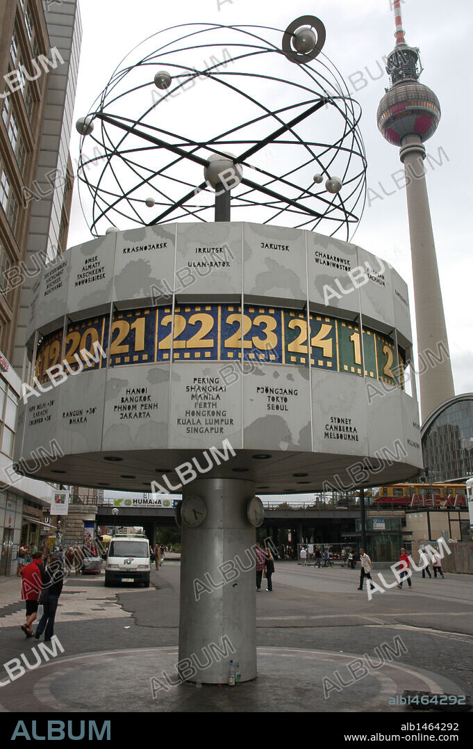 Germany. Berlin. World clock. Is a clock which displays the time for various cities around the world. Weltzeituhr. Alexanderplatz.
