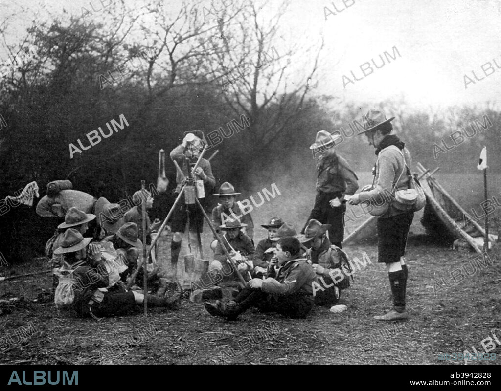 Boy scouts camping, 1926. The boy scout movement was started in 1907 by Lieutenant-General Robert Baden-Powell (1857-1941). Its intention was to foster outdoor activities to develop character, citizenship, and personal fitness qualities among young boys. From An Outline of Christianity, The Story of Our Civilisation, volume 5: Christianity Today and Tomorrow, edited by RG Parsons and AS Peake, published by the Waverley Book Club (London, 1926).