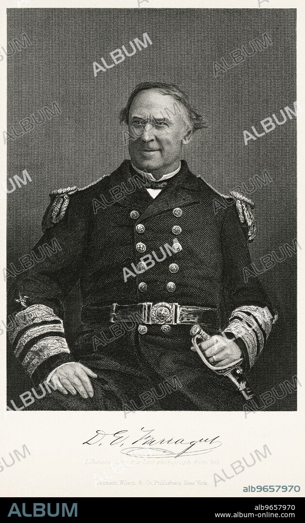 David G. Farragut (1801-70), American Admiral, U.S. Navy, Seated Portrait, Steel Engraving, Portrait Gallery of Eminent Men and Women of Europe and America by Evert A. Duyckinck, Published by Henry J. Johnson, Johnson, Wilson & Company, New York, 1873.