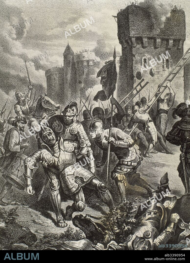 War of the League of Cognac (1526-1530). Sack of Rome on 6 May, 1527. Military event carried out by the troops of Holy Roman emperor Charles V (1500-1558). Charles III, Duke of Bourbon (1490-1527) and Constable of France, was in command of the imperial soldiers. His troops took the city and sacked it. Death of the Constable in the assault to Rome. Engraving.