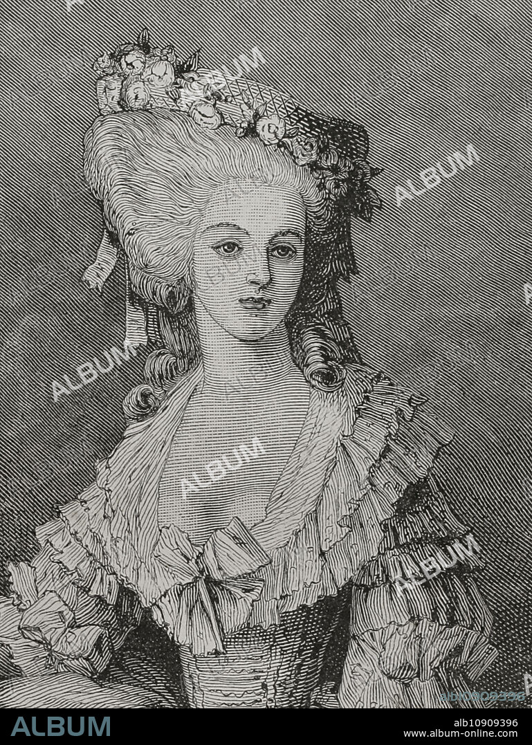 María Teresa Luisa de Saboya-Carignano (1749-1792). Princesa de Lamballe. Aristócrata francesa. Amiga personal y confidente de la reina María Antonieta. Fue asesinada en septiembre de 1792 durante las masacres de septiembre. Retrato. Grabado. "Historia de la Revolución Francesa". Tomo I, 1876.