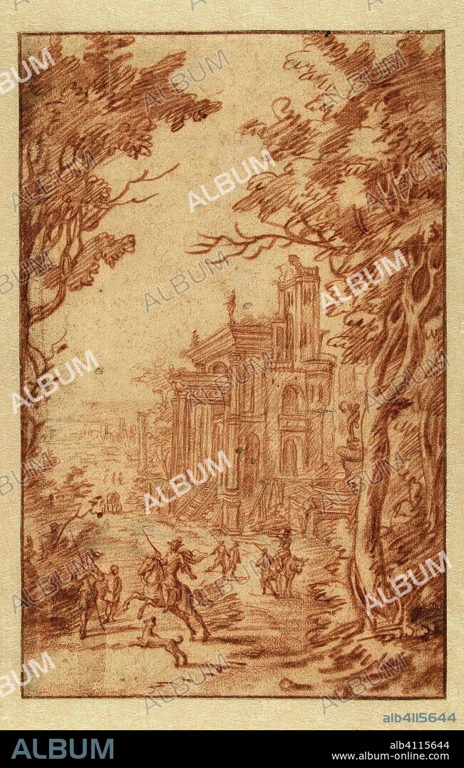 Landscape with riders and a fantasy palace. Draughtsman: Hendrik Soukens. Dating: 1690 - 1711. Measurements: h 246 mm × w 157 mm.