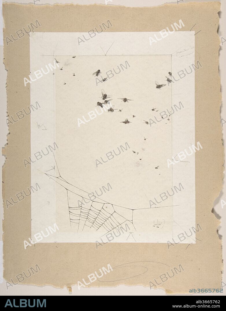 A Swarm of Flies above a Spider's Web. Artist: Alexandre-Louis Leloir (French, Paris 1843-1884 Paris). Dimensions: sheet: 11 3/16 x 8 11/16 in. (28.4 x 22.1 cm). Date: 1860-84.
Trained as a history painter, Leloir eventually abandoned academic, historical subjects in favor of genre scenes and book illustrations. He also founded the Société des Aquarellistes Français (Society of French Watercolorists). This delicate study contrasts the airy two-dimensional form of the spider's web anchoring the lower left corner with the lifelike swarm of flies above, their size varied to suggest their placement in space, some nearer and some farther from the viewer.