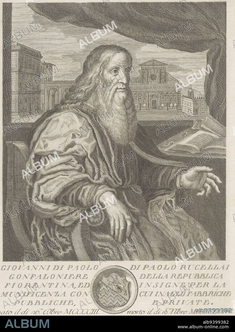 Portrait of Giovanni di Paolo Rucellai seated in a chair Visible through a window in the background: Palazzo Rucellai, the Loggia Rucellai, the Santa Maria Novella and the Tempietto del Santo Sepolcro in Florence Below the portrait a text in Italian and a coat of arms in a circular frame, Portrait of Giovanni di Paolo Rucellai Portraits of famous Italians with coat of arms in lower margin , print maker: Francesco Allegrini, (mentioned on object), intermediary draughtsman: Giuseppe Zocchi, (mentioned on object), after: Francesco Salviati, (mentioned on object), Italy, 1764, paper, engraving, h 297 mm × w 200 mm.