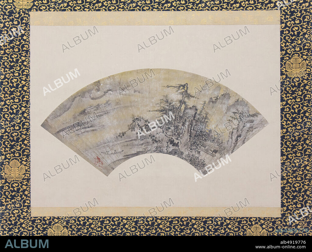 Toki Tbun, Snowy Landscape (Sekkei sansui zu), Japan, Muromachi period (13921573), Toki Tbun (Japanese, 15021582?), ca. 1550, Japan, Fan mounted as a hanging scroll; ink, gold wash, and mica on paper, Image: W. 18 1/2 in. (47 cm), Overall with mounting: 50 × 26 in. (127 × 66 cm), Overall with knobs: 50 × 27 15/16 in. (127 × 71 cm), Paintings.
