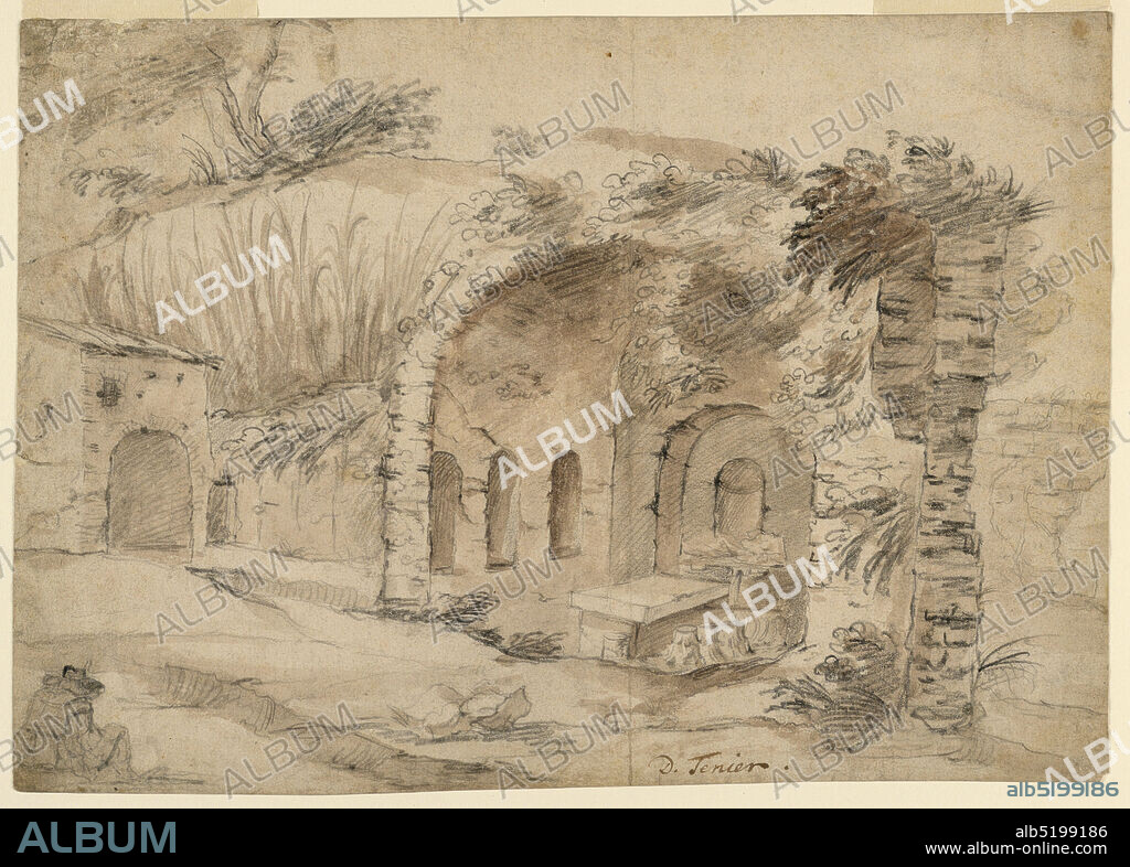 The Grotto of the Nymph Egeria, Rome, Black chalk, brush and brown wash on paper, A grassy bank, into which is set a grotto containing a table and stools made of inverted classical capitals. Foreground left, an artist sketching., Netherlands, 16701700, landscapes, Drawing, Drawing.