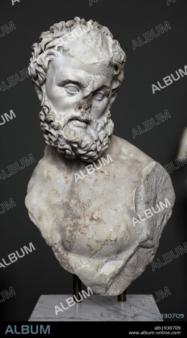 Roman Art. Heracles. 4th century. Marble. From  The Esquiline, Rome. Carrara marble. The statue of the strong bearded man probably depicted Heracles in combat with the Nemean lion. Carlsberg Glyptotek Museum. Copenhagen. Denmark.