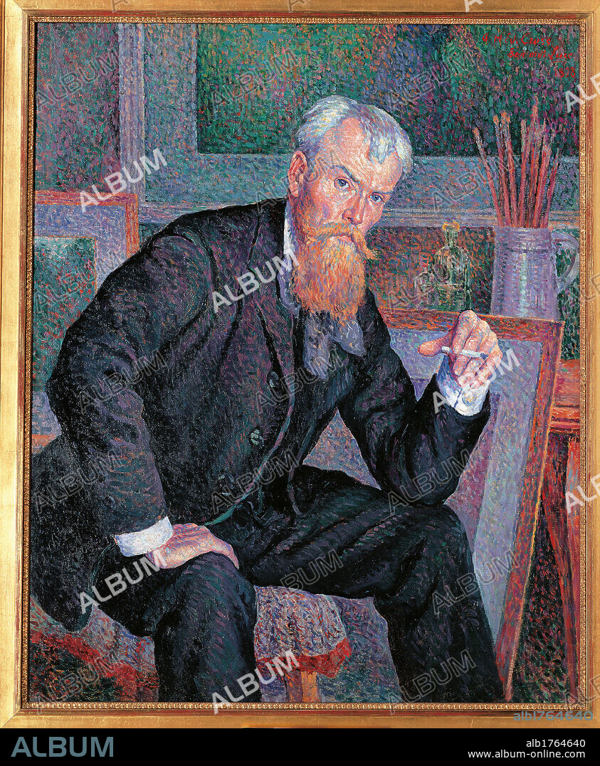 Henri Edmond Cross, by Unknown Artist, 1898, 19th Century, oil on canvas,. France, Ile de France, Paris, Muse dOrsay, RF1977-233  AM2449P. All. Portrait of Henri Edmond Cross painter dress black azure light blue canvas pictures brushes beard mustache room chair cigarette.