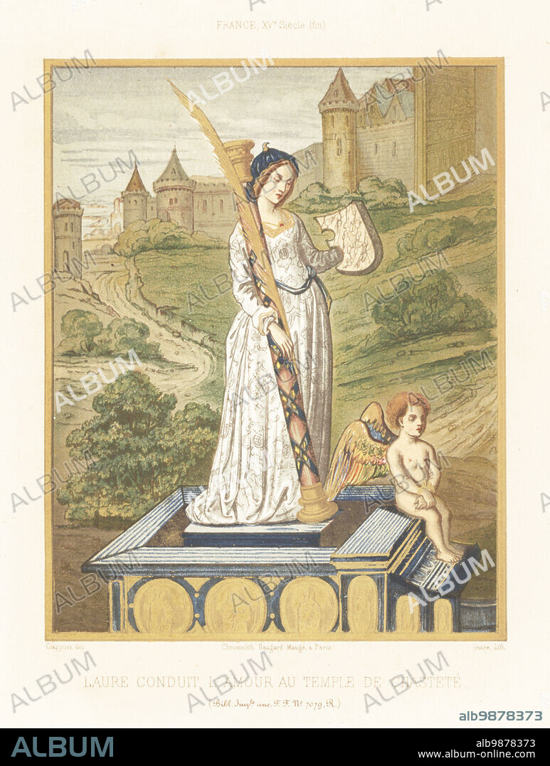 Laura bringing a disarmed Cupid on a chariot to the Temple of Chastity. Laura holds a shield, a palm of victory and triumphal column. Laure conduit l'amour au Temple de Chastete. In French costumes of the late 15th century. France, XVe siecle (fin). Taken from an illustrated manuscript of Petrarch's Triumphs, Les Triomphes, anc. F.F. MS 7079 R (Folio 102r, Francais 594), 1500, Bibliotheque Imperiale. Chromolithograph by Giare after an illustration by Claudius Joseph Ciappori from Charles Louandres Les Arts Somptuaires, The Sumptuary Arts, Hangard-Mauge, Paris, 1858.