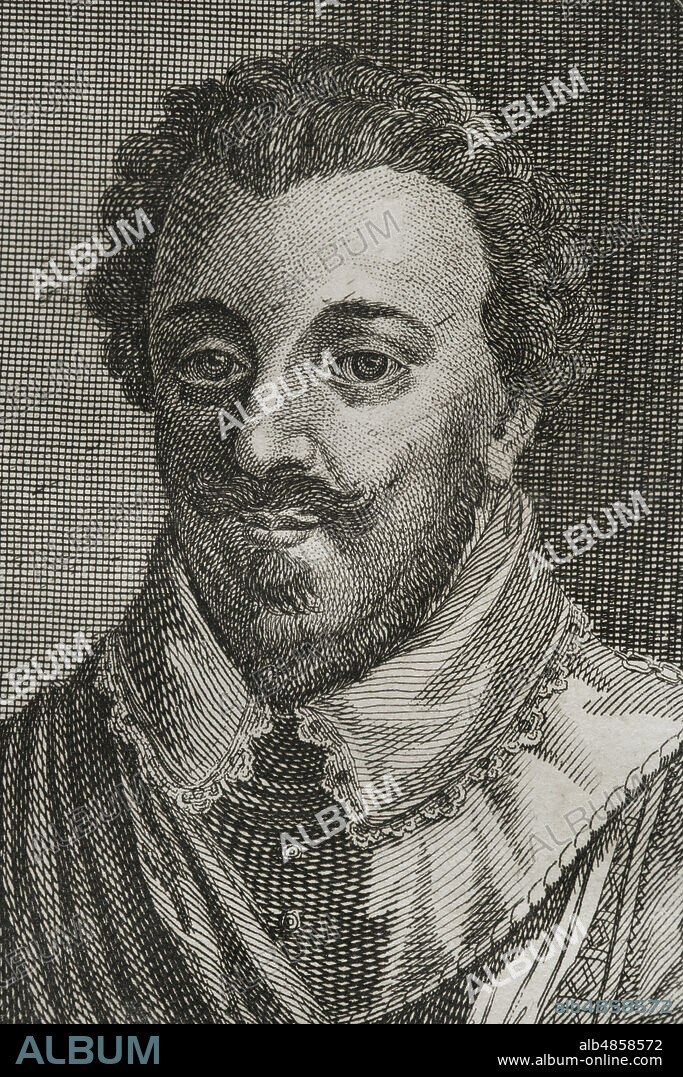 Carlos de Lorena, Duque de Mayena (1554-1611). Príncipe francés. Retrato. Grabado, detalle. Guerras de Flandes. Edición publicada en Amberes, 1748. Biblioteca Histórico Militar de Barcelona. Cataluña. España.