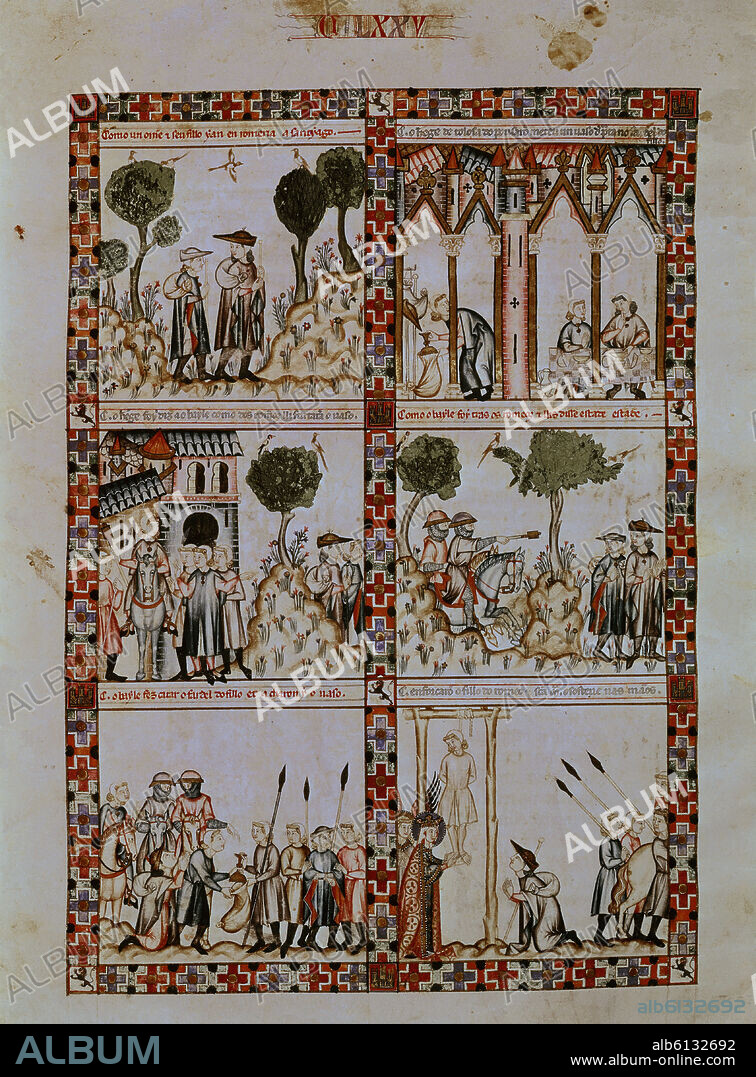 ALFONS X VON KASTILIEN DER WEISE. MTI1-CANTIGA STA MARIA Nº175-F233V-PADRE E HIJO PEREGRINOS A SANTIAGO SON ACUSADOS DE ROBO- SXIII.