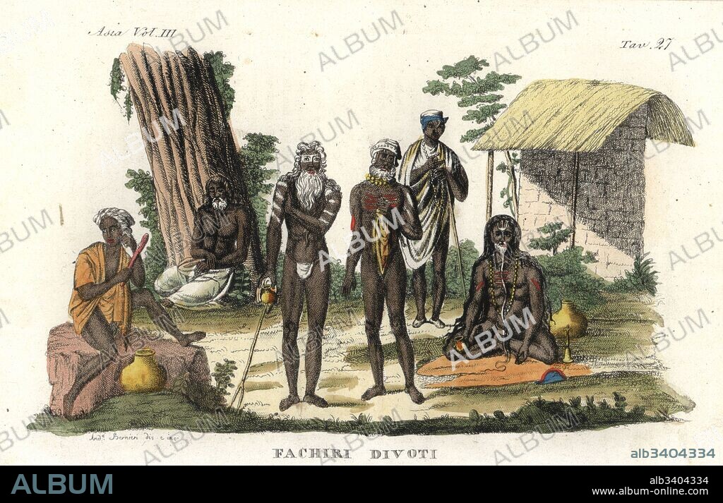 Muslim fakir or faqir holy men: naga with stick, paramahamsa sitting under a tree, painted sannyasi, naked avadhuta, robed Baisnab Vaisnava and fakir at prayer. After illustrations by Francois Solvyns. Handcoloured copperplate drawn and engraved by Andrea Bernieri from Giulio Ferrario's Ancient and Modern Costumes of all the Peoples of the World, Florence, Italy, 1844.
