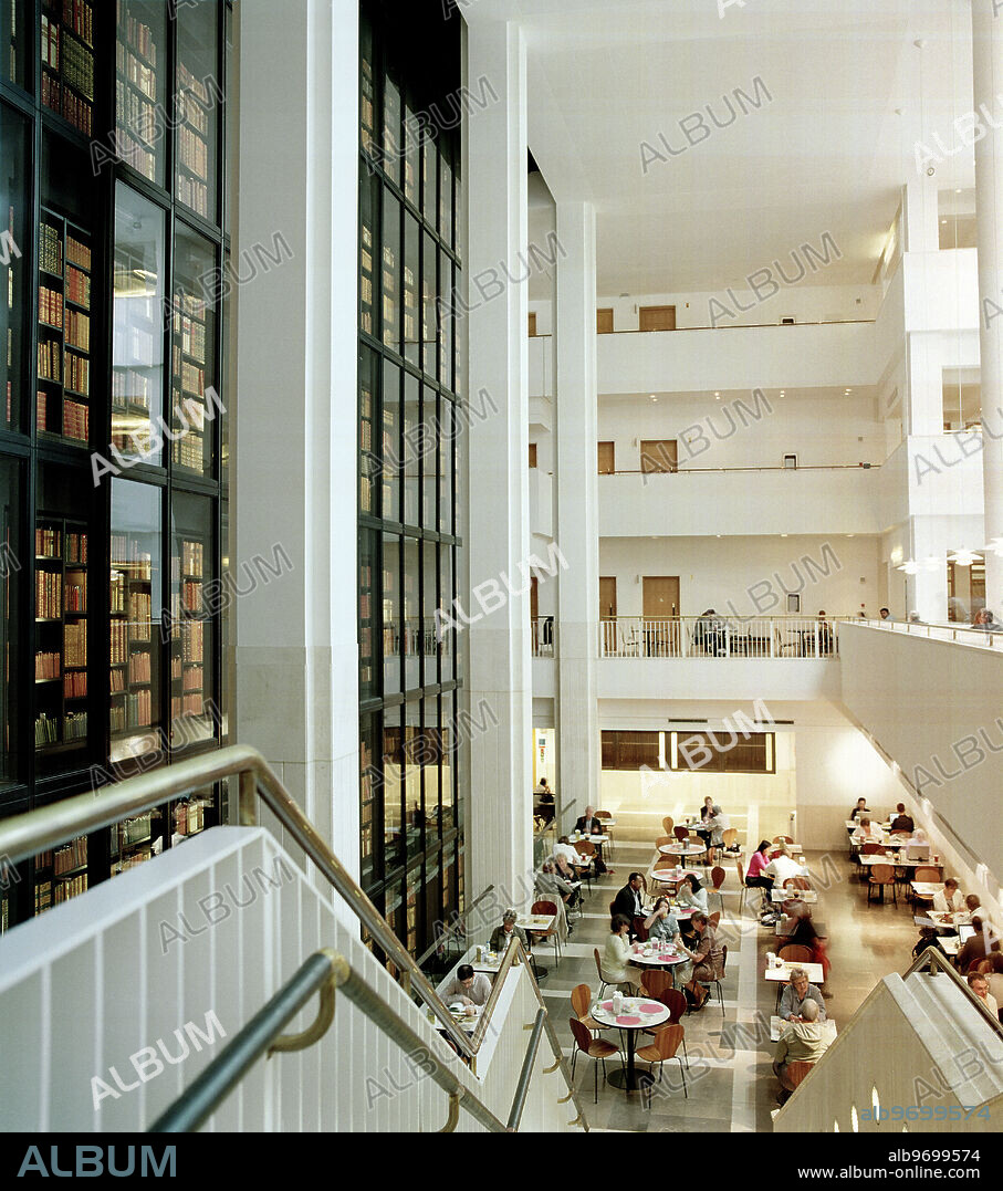 British Library cafe, St Pancras, London, c1997-2008. View of the cafe on the upper ground floor, alongside the King's Library tower. The British Library moved to its current St Pancras site in 1997.