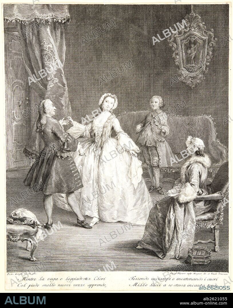 Charles Joseph Flipart (French, 1721-1797) after Pietro Longhi (Italian, ca. 1701-1785), engraved under Joseph Wagner (German, 1706-1780). The Dancing Lesson, ca. 1741-1745. Etching and engraving on laid paper. Sheet: 440 mm x 349 mm (17.32 in. x 13.74 in.).