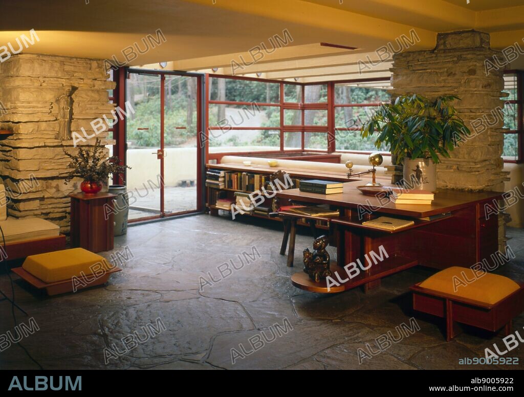 Interior view showing living room at Fallingwater or Kaufmann Residence is a house designed by architect Frank Lloyd Wright in 1935 in rural southwestern Pennsylvania.