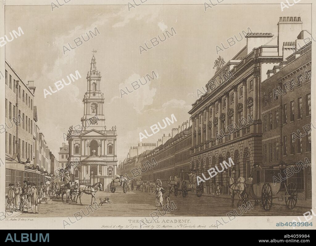 THOMAS MALTON. Looking east along the Strand towards St Mary-Le-Strand; Somerset House on the right; figures and horses and carts in the street. THE ROYAL ACADEMY. [London] : Publish'd May 21st 1781, & sold by T. Malton No8 Carlisle Street Soho., [May 21 1781]. Aquatint and etching. Source: Maps K.Top.25.6.a. Language: English.