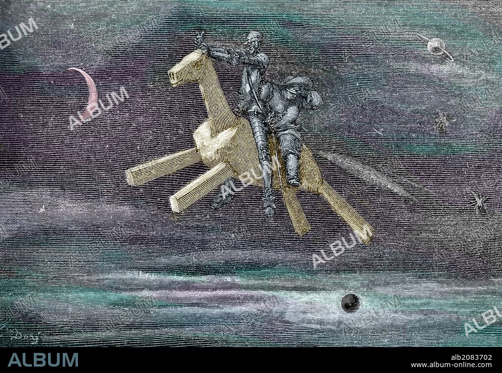 The History of Don Quixote de la Mancha written by Miguel de Cervantes , Spanish author, and illustrated by Gustav Dore.  Caption reads: 'Don Quixote, thus unhappily hurt, was extremely sullen and melancholy.' Engraved by H. Pisan. Published London, 1863. First published in Spanish 1605. Picaresque adventure. Spanish novelist, poet, and playwright 29 September  1547 – 23 April 1616. Colourised version.