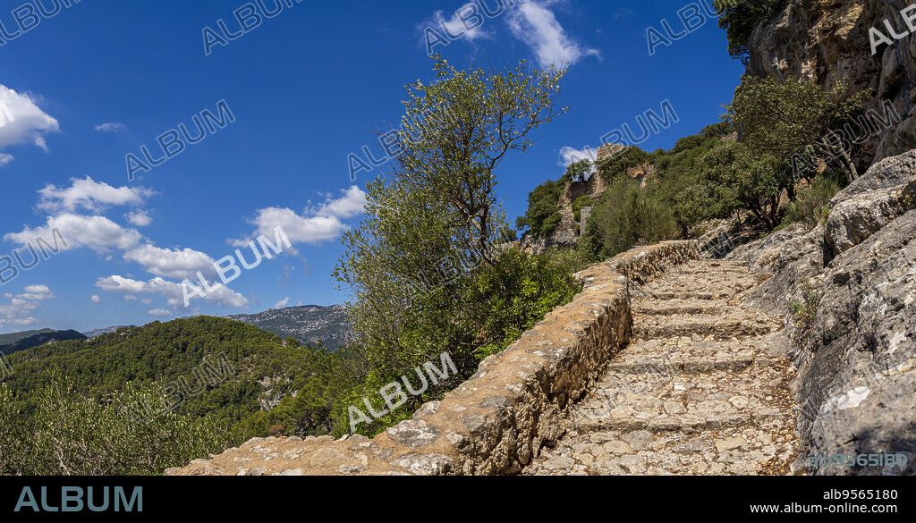 Alaró Castle, stairs to the main gate of the wall, Majorca, Balearic Islands, Spain.