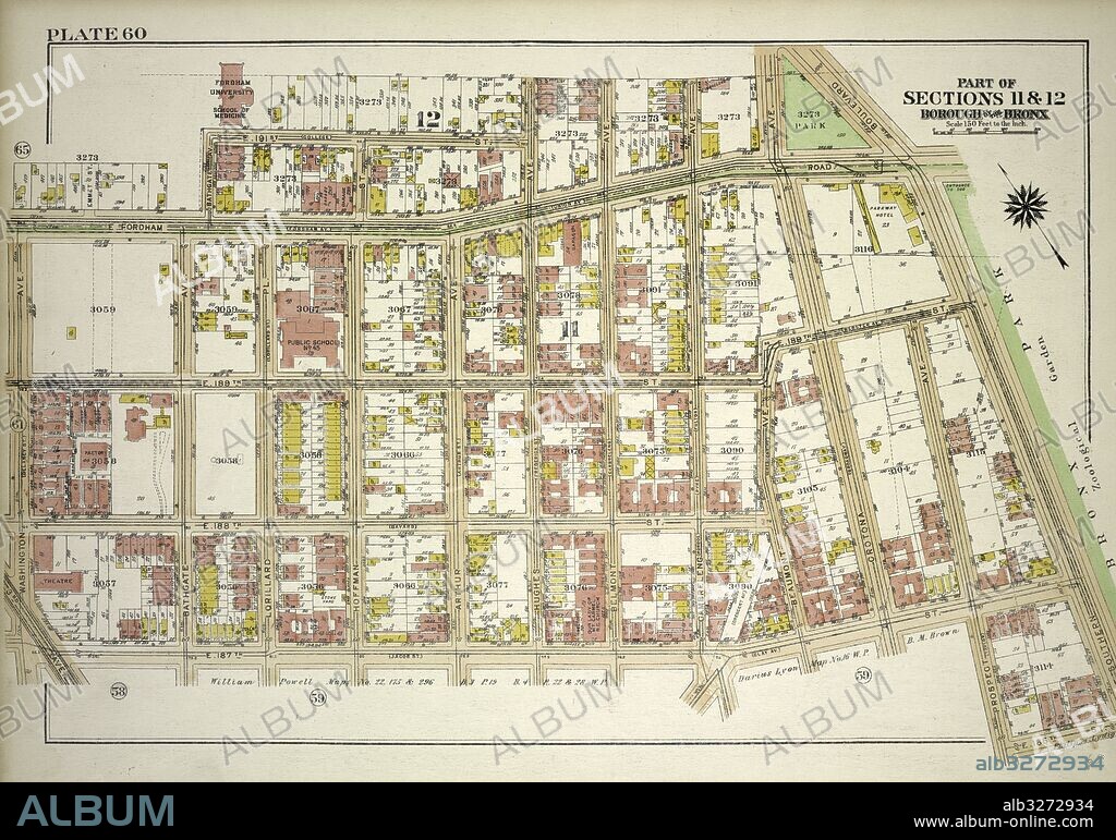 Plate 60, Part of Sections 11&12, Borough of the Bronx. Bounded by E. Fordham Road, Bathgate Avenue, E. 191st Street, Hughes Avenue, E. Fordham Road, Southern Boulevard, E. 185th Street, Prospect Avenue, E. 187th Street and Washington Avenue.