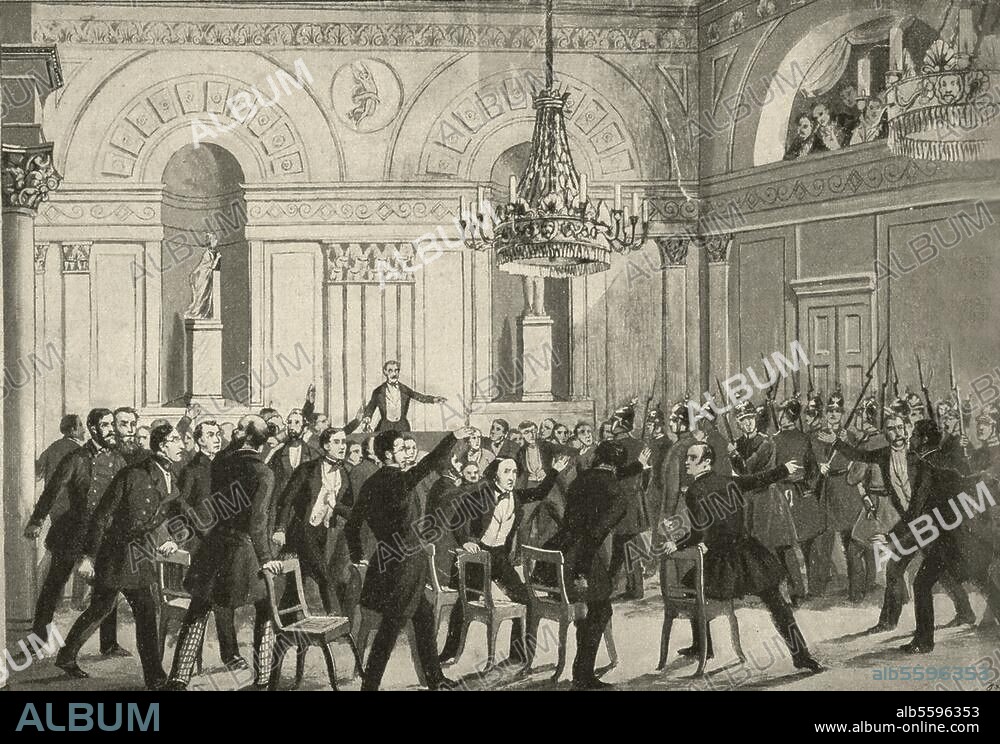 ANONYMOUS. Revolution 1848/49:. Dissolution of the Prussian National Assembly in the Theatre by General Friedrich von Wrangel, after the occupation of the Berlin city centre by his troops on 11 November 1848. The dissolution of the National Assembly by General von Wrangel's troops. Engraving, contemporary.