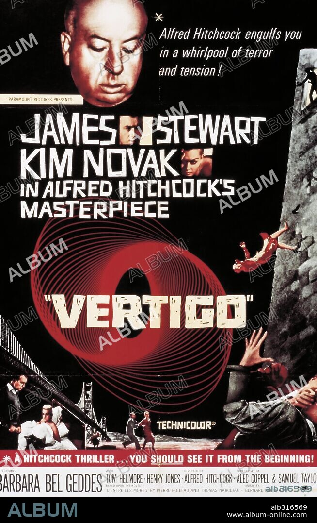 Poster of VERTIGO, 1958, directed by ALFRED HITCHCOCK. Copyright Alfred J. Hitchcock Productions.
