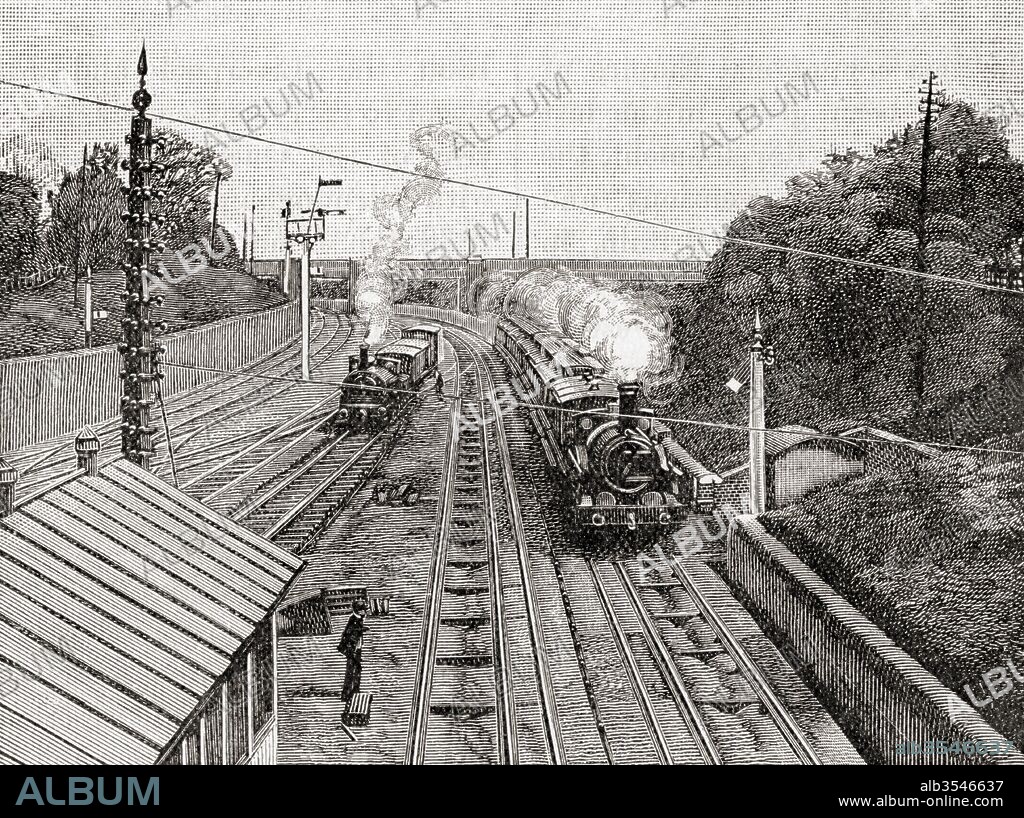 The Flying Dutchman, right, passing Acton station, London, England on the Great Western Railway at sixty miles an hour in the 19th century. The Great Western Railway operated on a dual gauge system using a broad gauge of 7 ft (until 1892) and a standard gauge of 4 ft 8 1?2 in. From The Century Edition of Cassell's History of England, published c. 1900.
